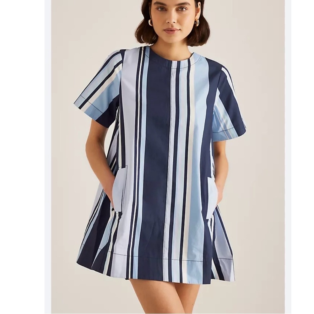 Anthropologie Maeve Navy and Light Blue Striped Short Sleeve mini Dress sz M nwt